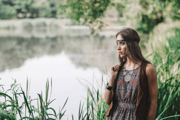 beautiful hippie girl on spring forest background - Photo, Image