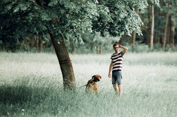 young man with his dog standing near a tree in the Park. - Φωτογραφία, εικόνα