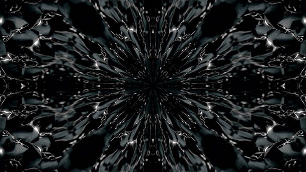 Resumen, patrón simétrico monocromo de plumas sobre fondo negro, lazo sin costuras. Ovalos abstractos caleidoscópicos aspirados al punto central
. - Foto, imagen