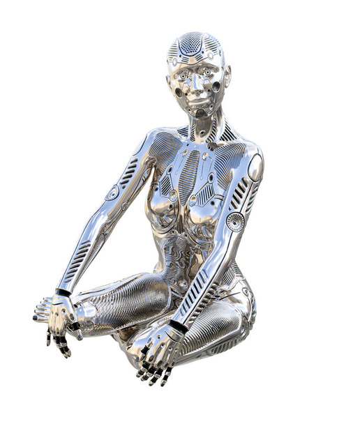 Dance robot woman. Metal shiny silver droid. Artificial Intelligence. Conceptual fashion art. Realistic 3D render illustration. Studio, isolate, high key. - Фото, зображення