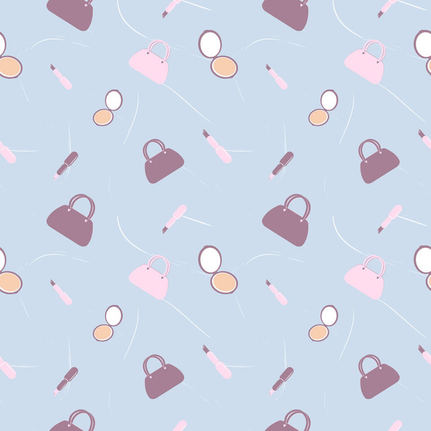 Seamless beauty pattern in bags, lipsticks and powders. Simple cute style. Funny pink background for manufacturing,textile or book covers, clothes,bags,wallpapers, print, gift wrap and scrapbooking - Vektör, Görsel