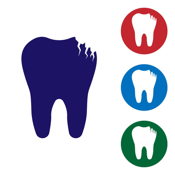 青の壊れた歯アイコンが白い背景で隔離。歯の問題のアイコン。歯科医療のシンボル。丸ボタンの色アイコンを設定します。ベクトル図 - ベクター画像