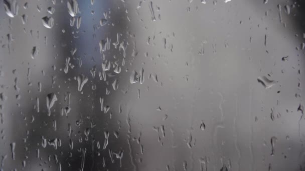 Βροχερή μέρα. Σταγόνες βροχής συρόμενη για γυάλινο παράθυρο. Γκρο πλαν - Πλάνα, βίντεο