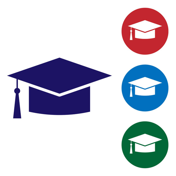 青い卒業キャップ アイコンが白い背景に分離されました。タッセル アイコンと卒業の帽子。丸ボタンの色アイコンを設定します。ベクトル図 - ベクター画像