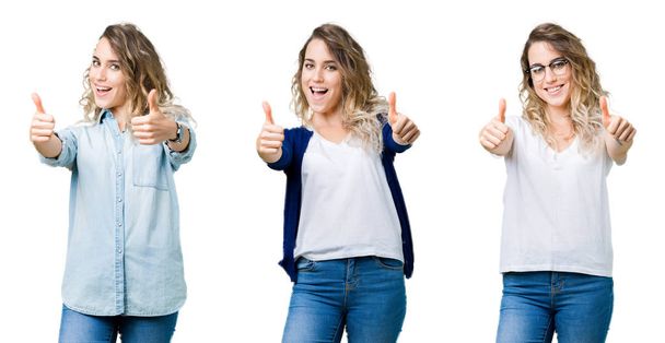 Collage van jonge mooie blonde meisje over geïsoleerde achtergrond goed te keuren duimen doen positief gebaar met hand, omhoog glimlachen en blij voor succes. Kijkend naar de camera, winnaar gebaar. - Foto, afbeelding