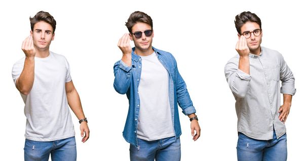 Kolaż młody, przystojny mężczyzna, noszenie okularów przeciwsłonecznych na białym tle robi włoski gest dłoni i palce pewnie wyrażenie - Zdjęcie, obraz