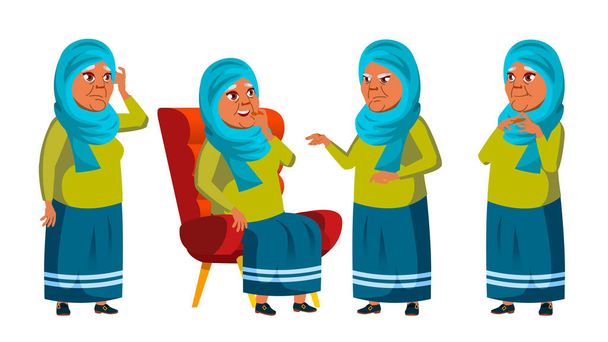 アラブのイスラム教徒の老婦人のポーズ設定ベクトル。高齢者。上級者。高齢者します。退職者。笑顔。ウェブ、ポスター、小冊子のデザイン。孤立した漫画の実例 - ベクター画像