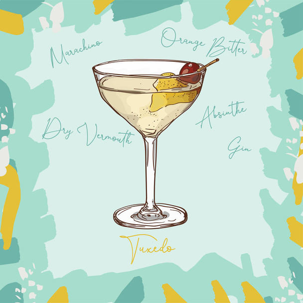 Tuxedo cocktail illustration. Alcoholic classic bar drink hand drawn vector. Pop art - Vector, Image