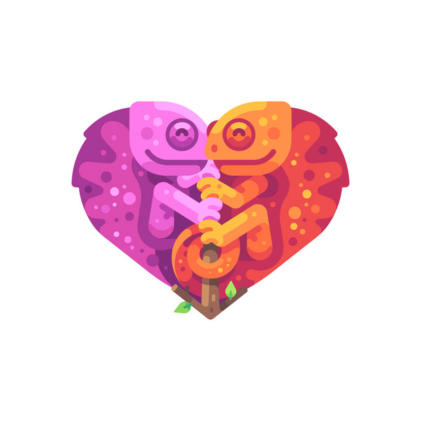 Pink and orange chameleons in the shape of a heart - Вектор,изображение