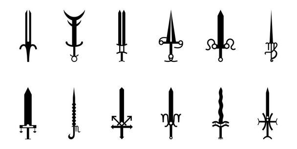 12 Zodiac kılıç simgesini ayarla. Burçlara silah koleksiyonu: Koç, boğa, İkizler, kanser, aslan, Başak, Terazi, Akrep, yay, Oğlak, kova, balık. Vektör çizim Your tasarımı için. - Vektör, Görsel