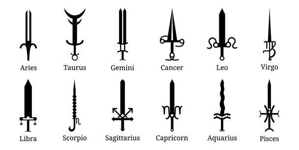 Állítsa be a 12 Csillagjegy kard ikon. Állatövi fegyver gyűjtemény: Kos, Taurus, Gemini, rák, Leo, Virgo, Libra, Scorpio, Nyilas, Bak, Vízöntő, halak. A design vektor illusztráció. - Vektor, kép