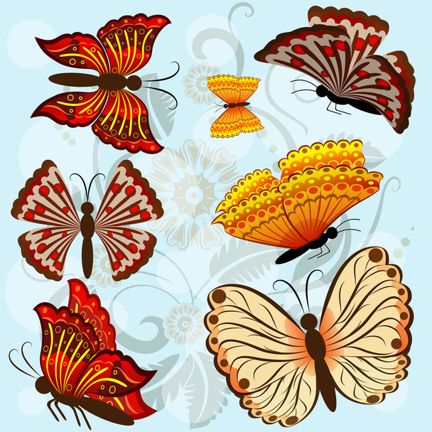 Set of autumn colored vector butterflies isolated on blue backgr - Vector, Imagen