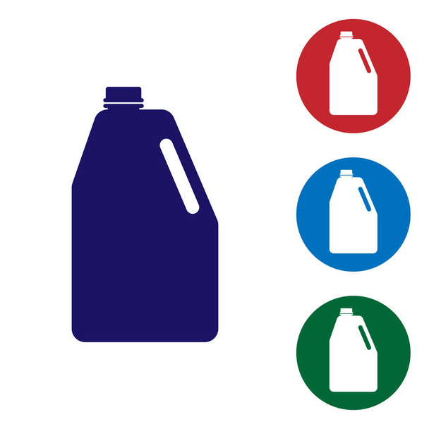 Niebieski chemikaliów domowego pusta plastikowa butelka ikona na białym tle na białym tle. Płynnych detergentu lub mydła, odplamiacz, wybielacz do prania. Ustaw kolor ikony na przycisku okręgu. Ilustracja wektorowa - Wektor, obraz
