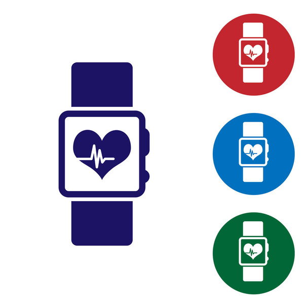 Reloj azul inteligente que muestra el icono de ritmo cardíaco aislado sobre fondo blanco. Concepto de aplicación Fitness. Ilustración vectorial
 - Vector, Imagen
