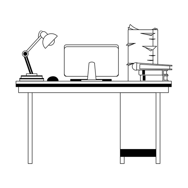 Desk with computer light and sheets in black and white - Vector, Image