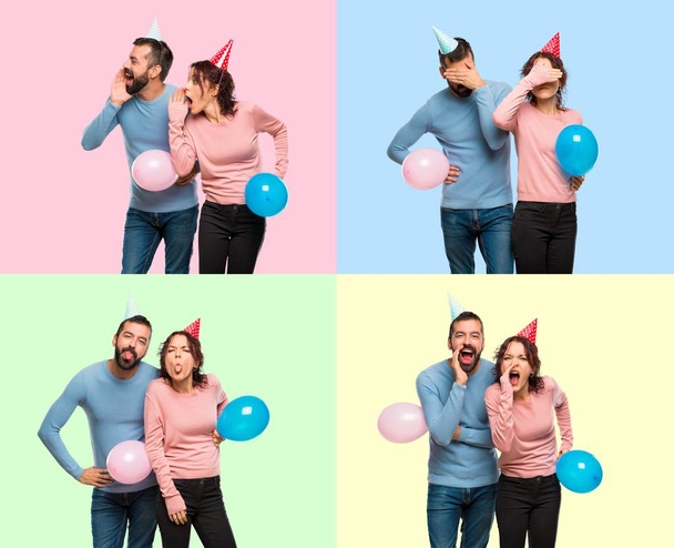 Set of couple with balloons and birthday hats covering eyes and shoutting - Photo, Image