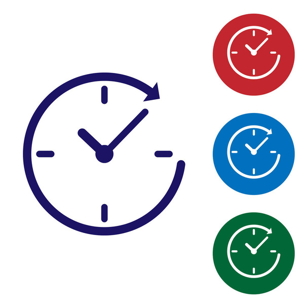 白い背景で隔離の矢印アイコンが青い時計。時間シンボル。時計回りの回転アイコンの矢印と時間。ベクトル図 - ベクター画像