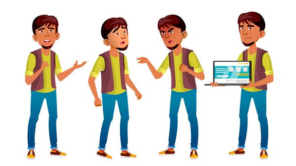 Arab, Muslim Boy Poses Set Vector. High School Child. Programmer, IT Technology. Active, Joy, Leisure. For Advertisement, Greeting, Announcement Design. Isolated Cartoon Illustration - Vector, Image