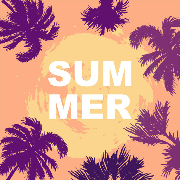 Sunset or sunrise with palm trees. Tropical summer. Place for your text. Vector illustration for party, invitation, flyer, poster, banner, web. - Wektor, obraz