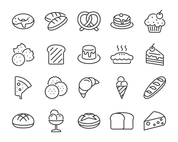 набор икон пекарни, таких как выпечка, хлеб, тост, пирог, вафли, пицца, пончик, торт
 - Вектор,изображение
