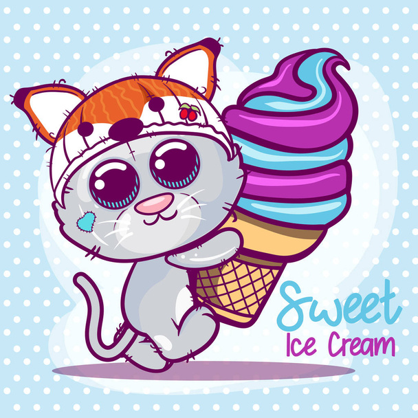 bonito gatinho desenhos animados com sorvete. - vetor
 - Vetor, Imagem