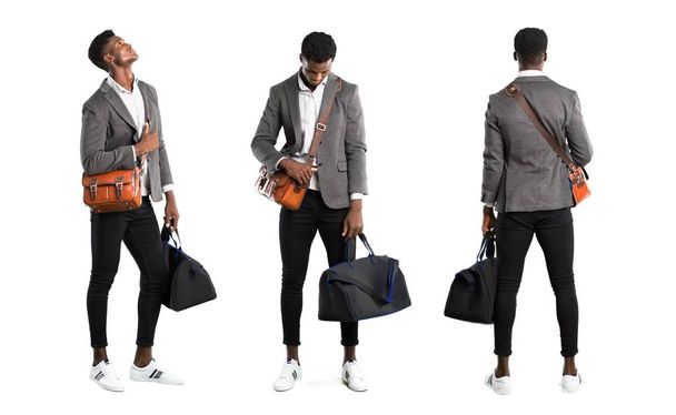 Set of African american business man traveling with suitcases standing and looking down on isolated white background - Photo, Image