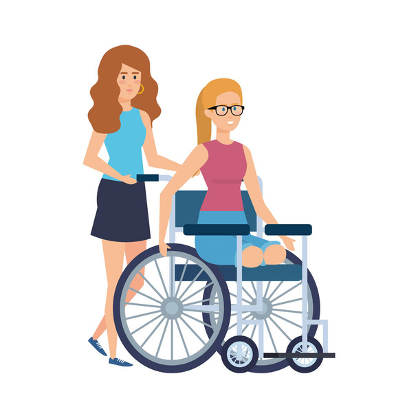 Młoda kobieta na wózku inwalidzkim z pomocnika kobiece - Wektor, obraz