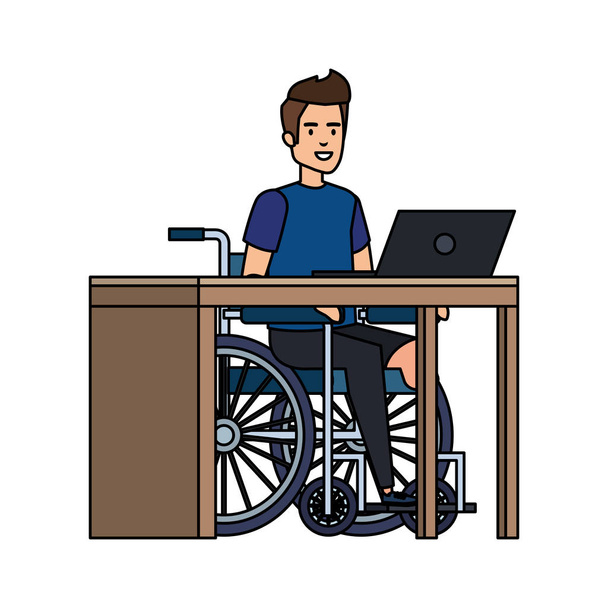 giovane in sedia a rotelle che lavora in ufficio
 - Vettoriali, immagini