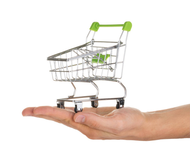 Hand holding shopping cart isolated on white clipping path - Photo, Image