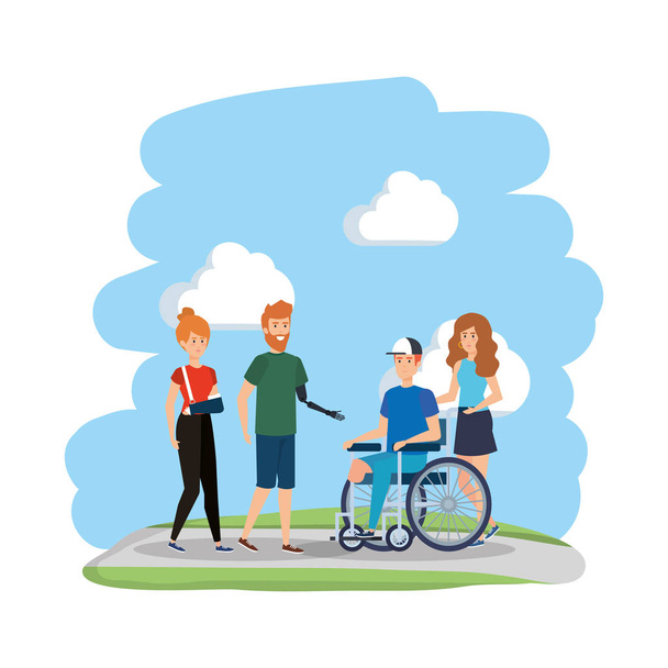 jonge man in rolstoel met vrienden in het park - Vector, afbeelding