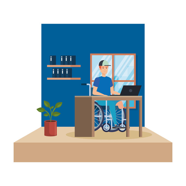 mladý muž na invalidním vozíku, práce v kanceláři - Vektor, obrázek
