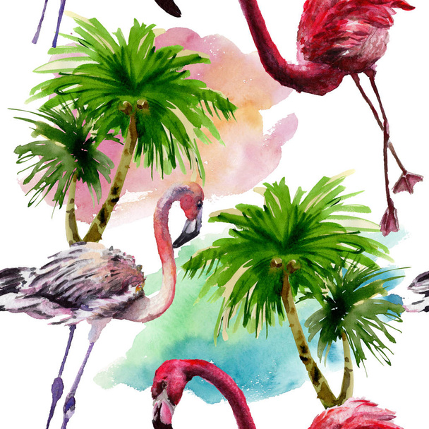 A vadon élő állatok, elszigetelt egzotikus vörös flamingók. Akvarell háttér illusztráció készlet. Varratmentes háttérben minta. - Fotó, kép