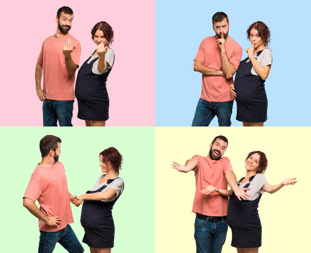 Set of Couple with pregnant woman showing a sign of silence, deal and coming gesture - Photo, Image