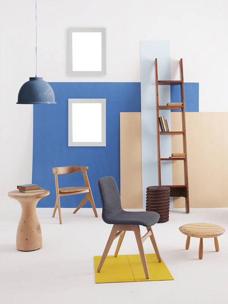 nowoczesne wnętrze niebieski dywan i drewniane krzesło z drewnianą dekoracją ścian, Nowoczesna Lampa  - Zdjęcie, obraz