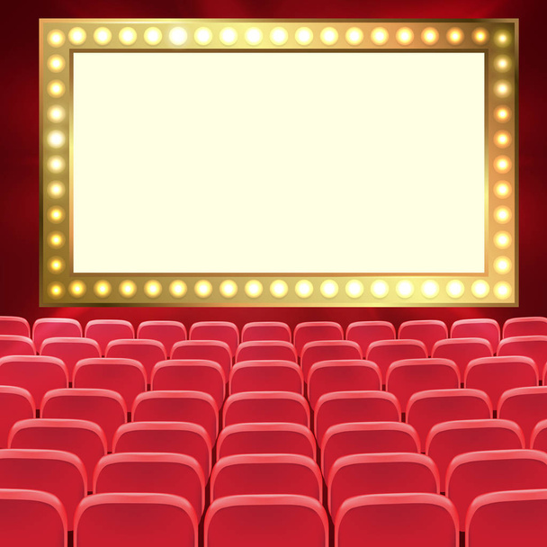 Righe di cinema rosso o posti a teatro di fronte a schermo bianco nero. Ampia sala cinema vuota con posti a sedere rossi. Illustrazione vettoriale
 - Vettoriali, immagini