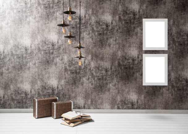 Conception de chambre de papier peint gris avec lampe de valise et cadre. - Photo, image