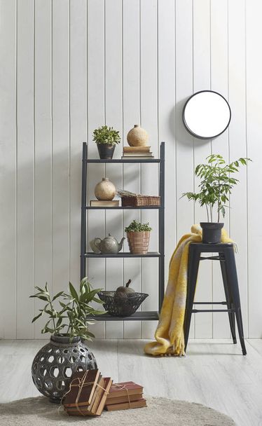 new modern shelf behind natural white wooden wall ,vertical style  - Photo, image