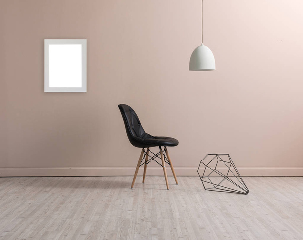 cream wall, empty interior, nordic decoration  and black chair concept - Foto, Imagem