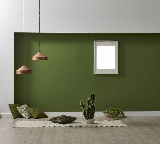 Zelená stěna lampa židle polštář a koberec zátiší. - Fotografie, Obrázek