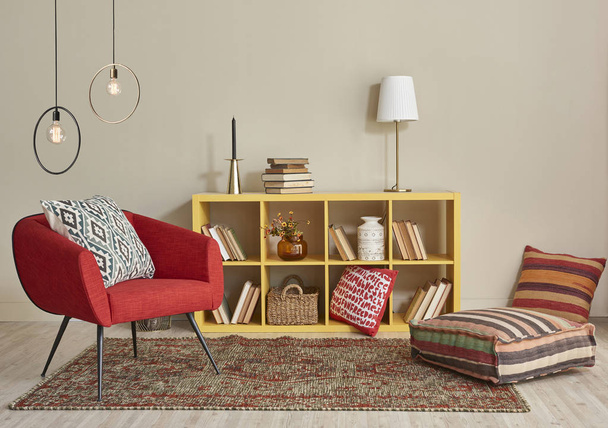 chambre intérieure moderne avec de beaux meubles à l'intérieur et des livres
 - Photo, image