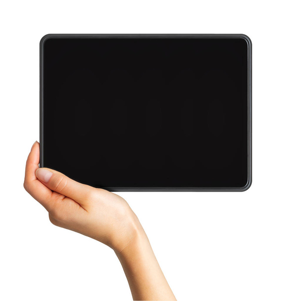 Mock up of black tablet and womens hand, concept of taking photo - Photo, Image