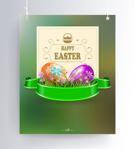 Easter composition of green color with the silhouette of two eggs, green grass and a square frame on pendants, - ベクター画像