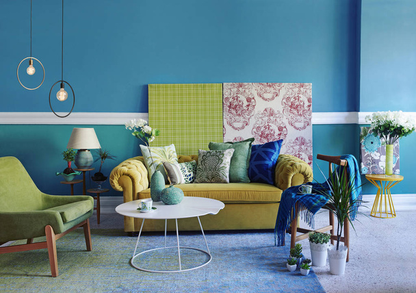 Chambre murale décorative et style accessoire à la maison, nature morte, chaise oreiller cadre intérieur. - Photo, image