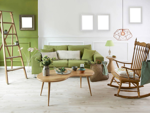 Yeşil ve oturma odası konsepti iç mekan stili, kanepe orta masa ve çerçeve. - Fotoğraf, Görsel