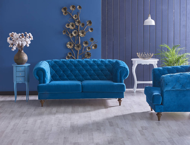 turquoise sofa in classic living room with  wooden floor, interior style - Photo, Image