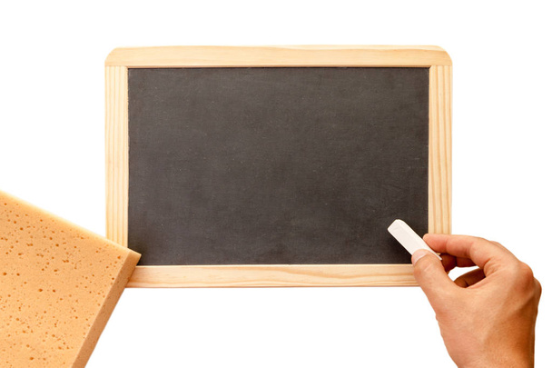 hands and chalk board isolated on white background - Foto, Imagen