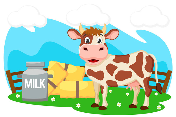 La vaca se encuentra en un césped verde cerca de las gavillas de heno y una lata de leche. Granja
 - Vector, Imagen