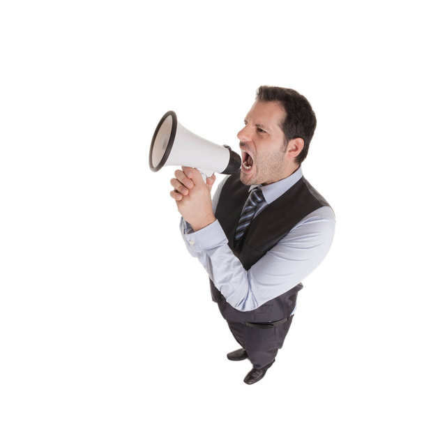 Young businessman with loud speaker isolated on white background - Zdjęcie, obraz