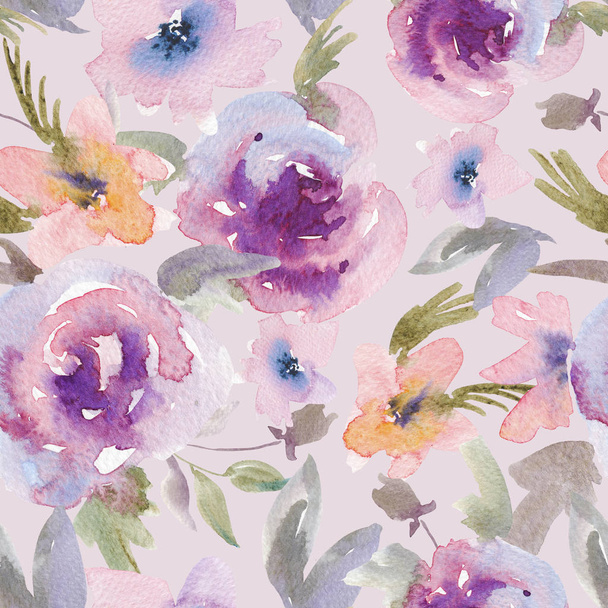 Gentle Purple Watercolor Roses Floral Seamless Pattern - Foto, Bild