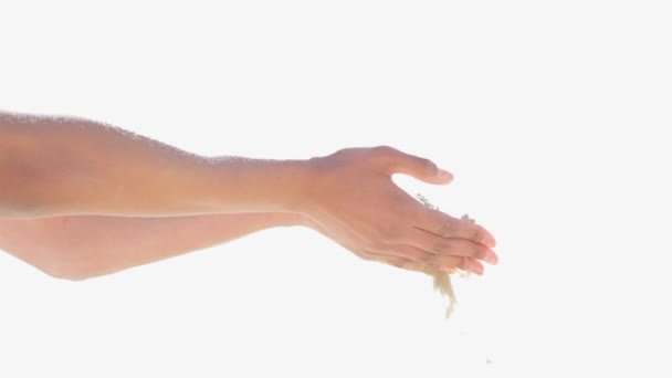 Κοντινό πλάνο στο πλαίσιο θέα λεπτομέρεια του ένα κορίτσι χέρια που κρατούν την άμμο - Πλάνα, βίντεο